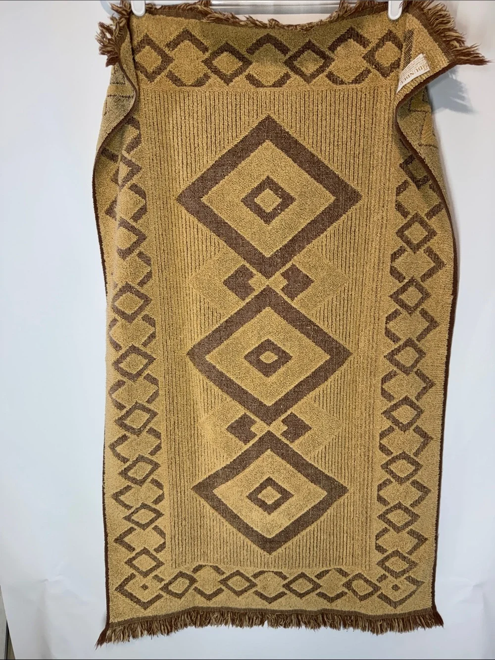 Vtg Dundee 3 Pc Towel Set Southwestern Aztec Geometric Beige Brown Fringe MCM US